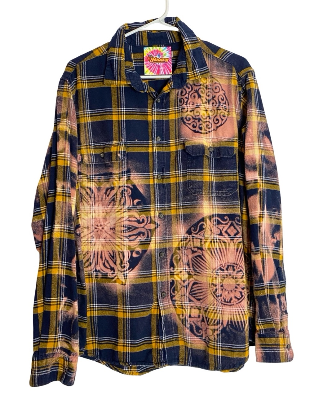 OOAK Custom Floral Flannel Bleached Shirt Mens Unisex Size XL Upcycled Blue